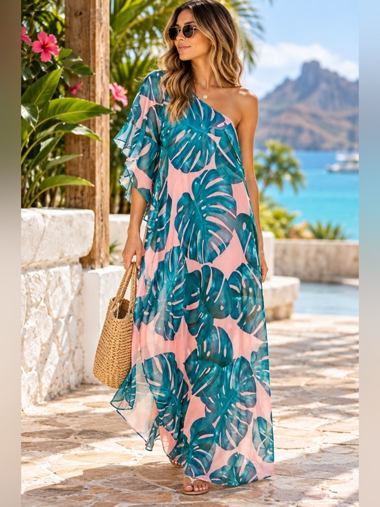 Dresses & Skirts - Show‎ Me Your Mumu One Shoulder Tropical Palm Leaf Pink Green Maxi Dress Resort